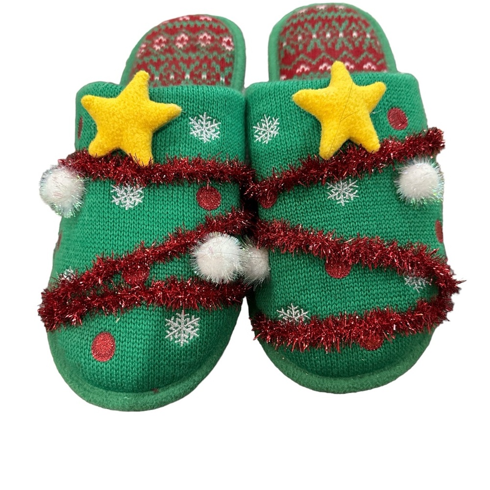 NWOT Dearfoams‎ Slippers Unisex Size L 11-12 Christmas Tree Red Green